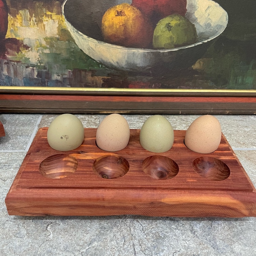 Handmade Cedar Farm fresh egg holder.